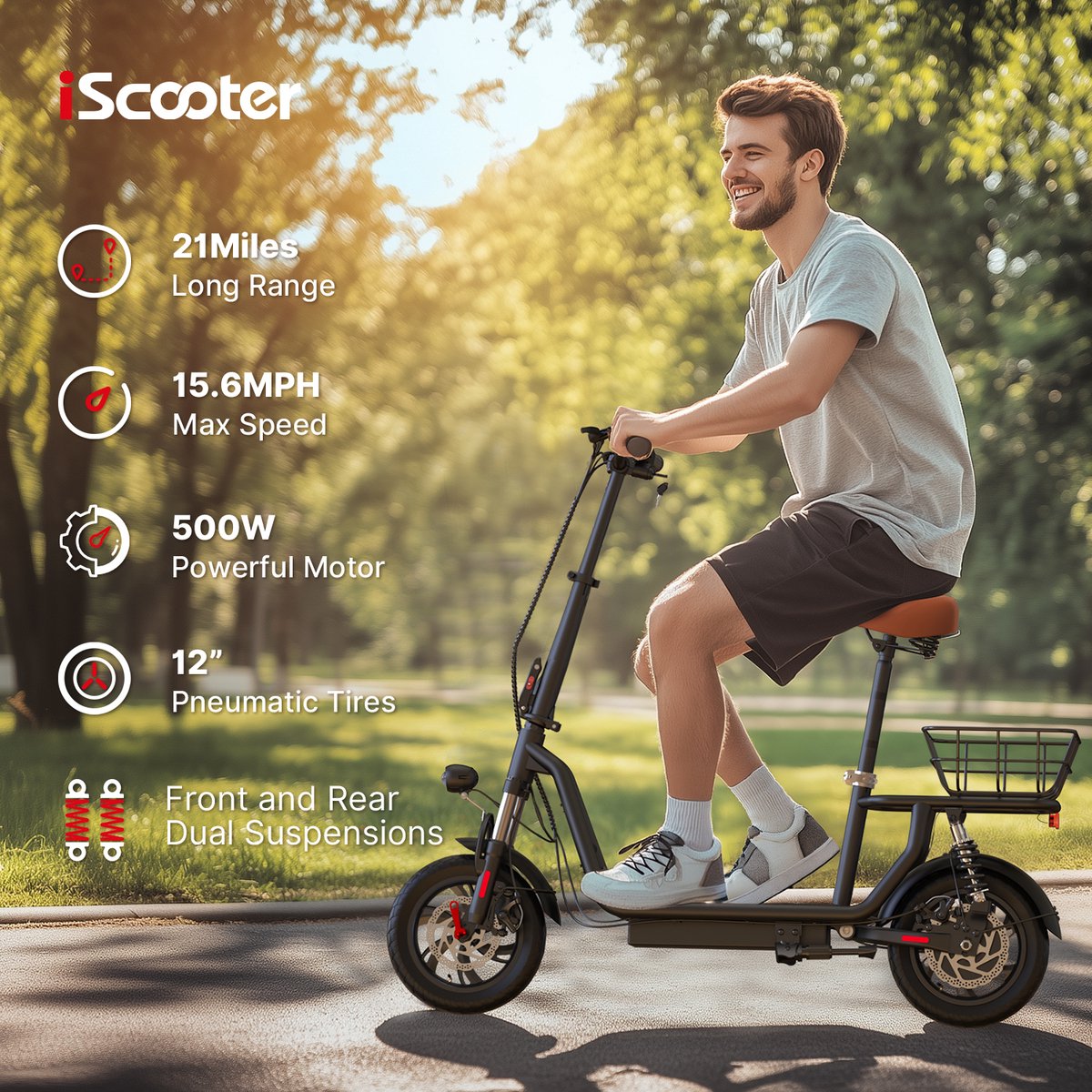 Elektrische Step iScooter i12 zwart voor Volwassenen met Zitje 500W Actieradius 35km 42V7.5Ah 12 inch 120kg Dubbele Schokdemping – foto 6