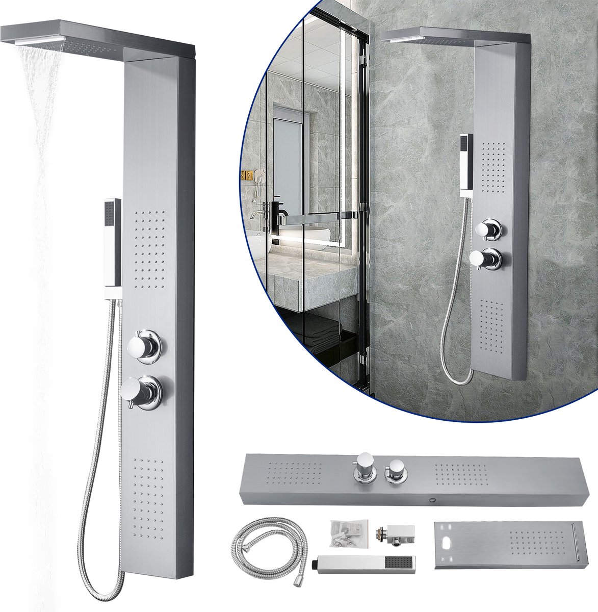 Aufun RVS Douchepaneel Douchesysteem - Regendouche - Massagedouche - Handdouche - Douchekolom Set - Badkamer - Zilver