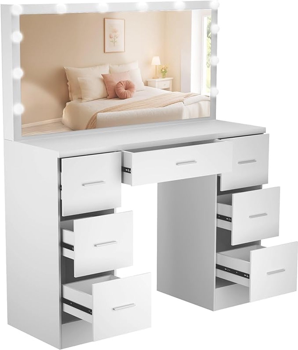 Make-uptafel met LED Verlichting, Stopcontacten en Grote Spiegel 116,8x40x135 cm – Kaptafel met 7 Laden, Touchscreen Spiegel, USB Poorten, Inclusief Kruk, Moderne Schminktisch voor Slaapkamer – Depauw