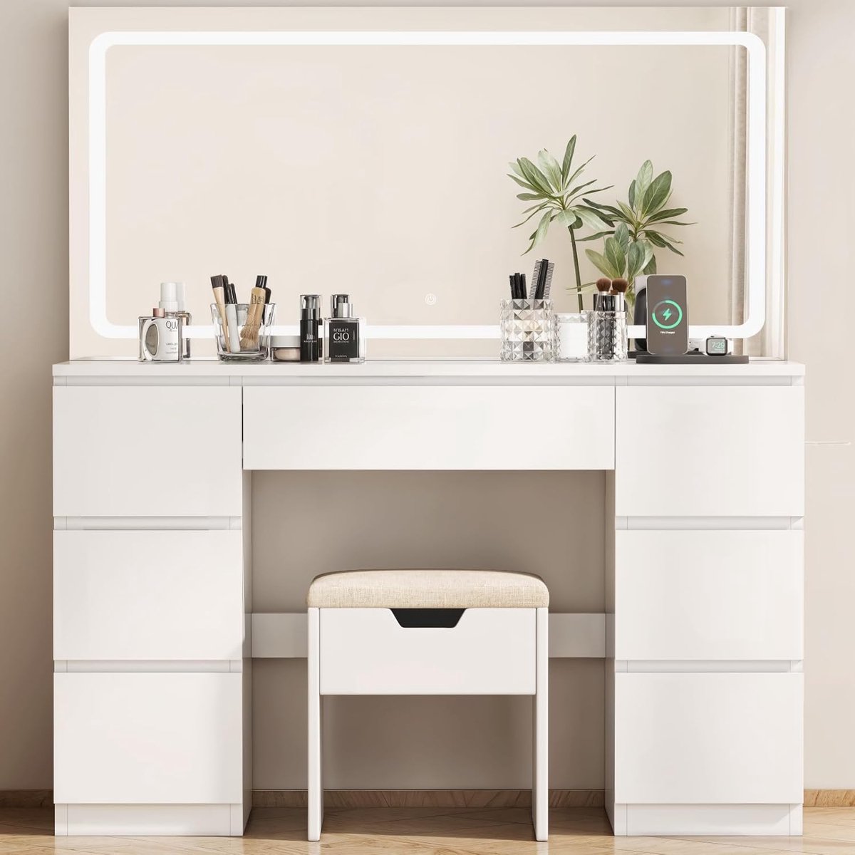 Make-uptafel met LED Spiegel en Stopcontact 115 x 40 x 149 cm – Grote Kaptafel met Instelbare Kleurtemperatuur, 7 Diepe Laden, USB & Type-C Aansluiting, Inclusief Kruk – Wit – Pauwhome