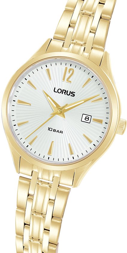 Gouden Lorus dameshorloge met witte, gestreepte wijzerplaat.