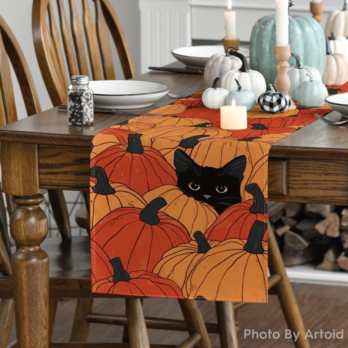 Tafelloper Halloween met Pompoenen en Zwarte Kat - 40x140 cm