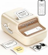 Crème labelprinter met verschillende geprinte labels en smartphone met app.