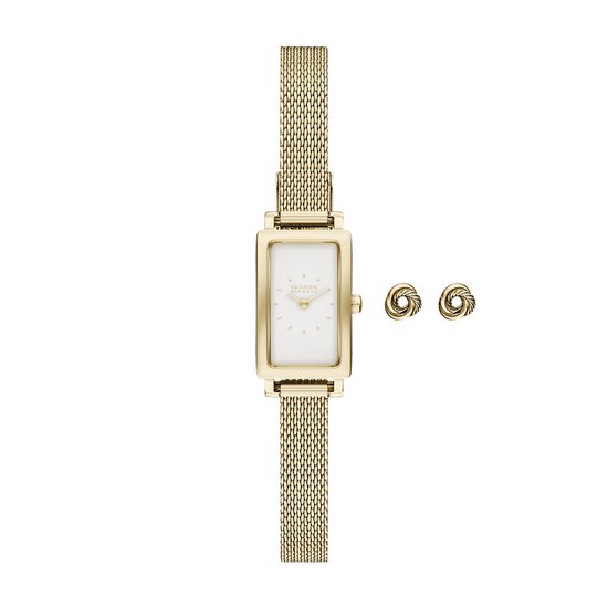 Gouden Skagen horloge met mesh band en bijpassende oorbellen.