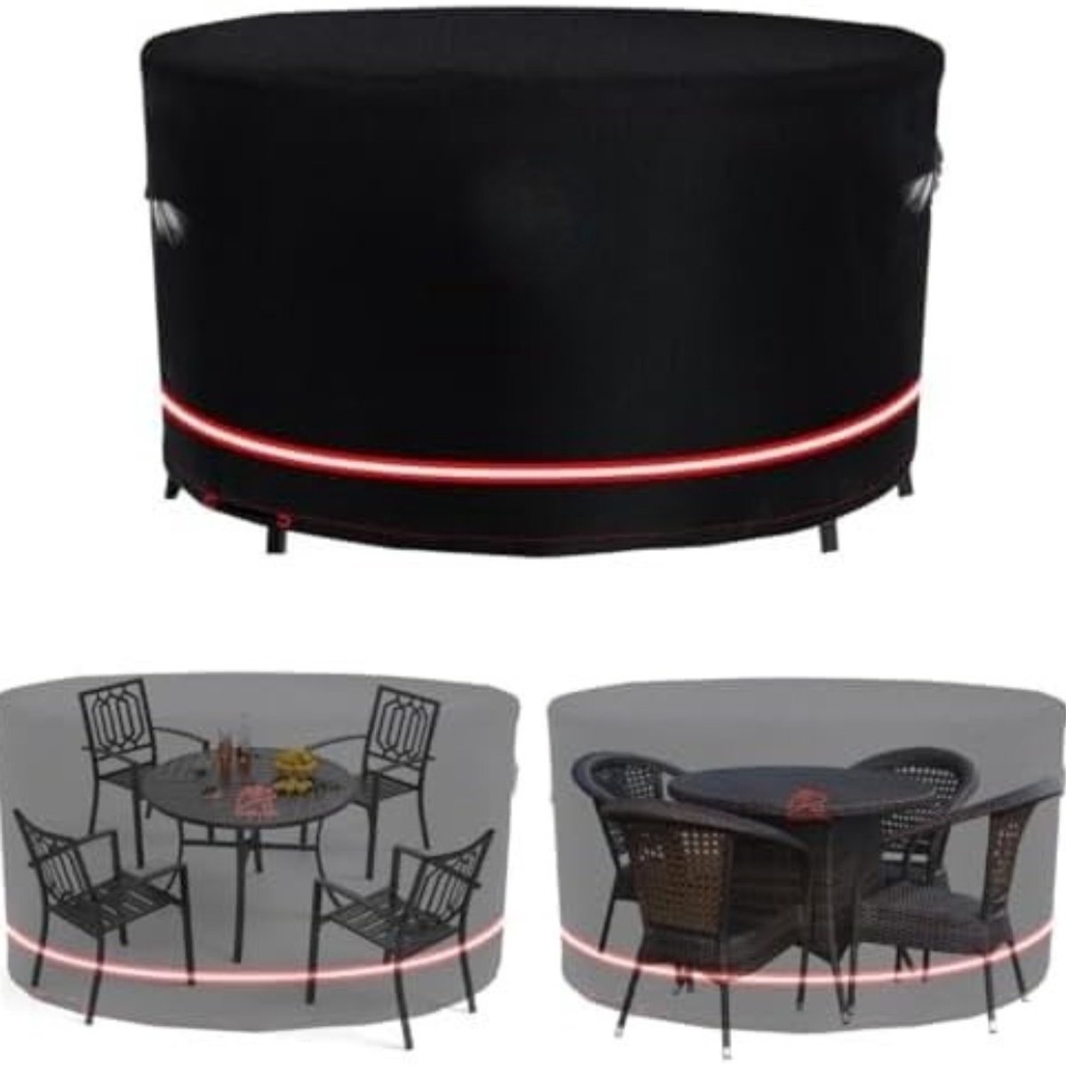 Famanu Tuinmeubelhoezen, ronde tuintafelhoes, waterdicht, scheurbestendig, duurzame tuinmeubelen tafel- en stoelhoezen anti-UV met ontluchter zwart (Ø205 x H89) cm