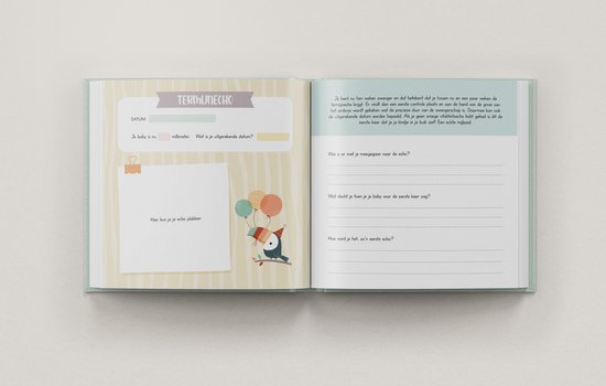Een zwangerschapsdagboek met een plek voor echo's en decoraties van een vogel met ballonnen.