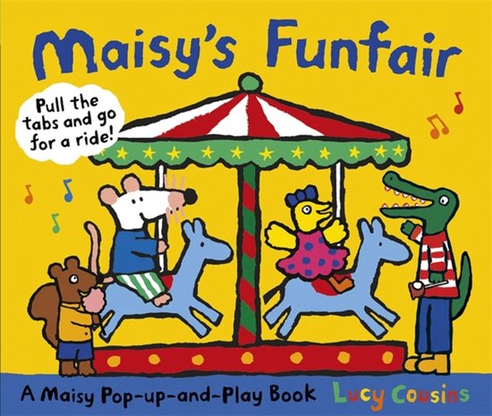 Boek 'Maisy's Funfair' met Maisy de muis, een eendje en een krokodil op een kermisattractie.