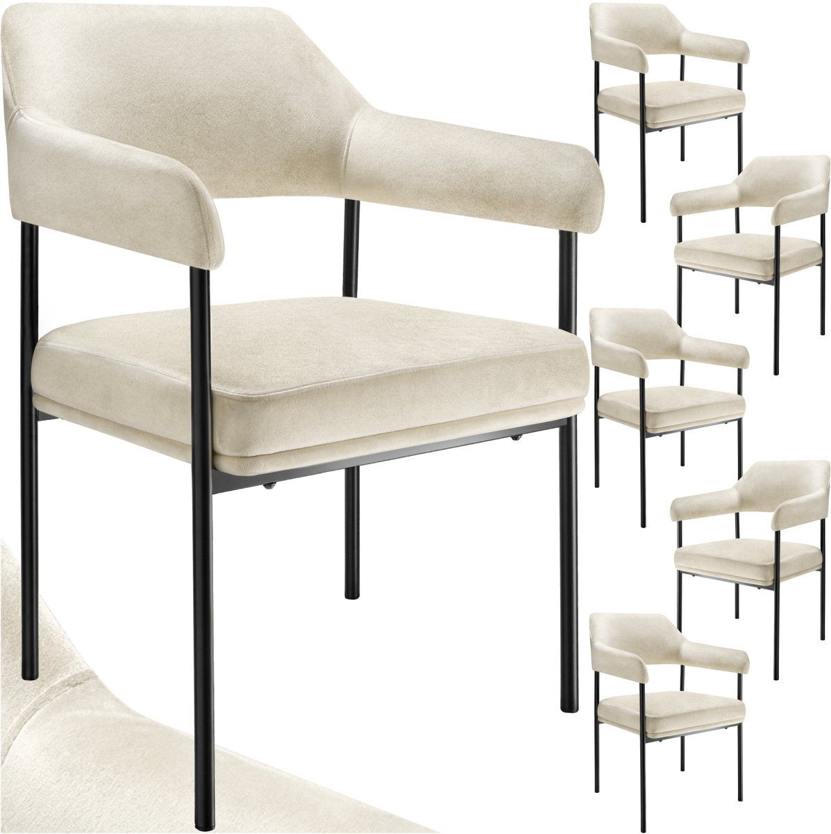 Tectake Eetkamerstoel met Armleuning - Set van 6 Eetkamerstoelen - Fluweelzachte stof - Open Rugleuning - Gestoffeerd met Stalen Poten - Stoelen voor Eetkamer - Gebroken Wit offwhite velvet