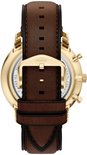 Sluiting van een Fossil horloge met gouden gesp en bruine leren band.