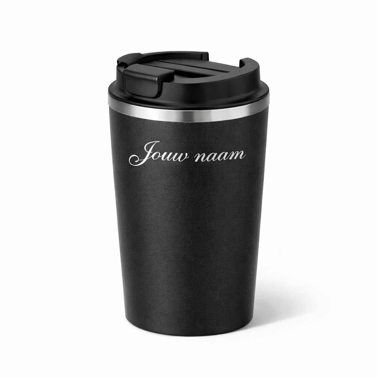 Thermosbeker met naam - Koffie beker - Theebeker - Zwart (Antislip, Lekvrij) - 380ml - Gepersonaliseerd