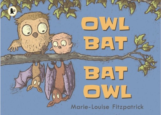 Boekcover met titel 'OWL BAT BAT OWL' en illustraties van uilen en vleermuizen aan een tak.