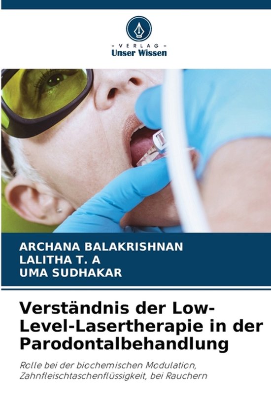 Boek 'Verständnis der Low-Level-Lasertherapie in der Parodontalbehandlung' met een tandarts die een laser gebruikt bij een patiënt.