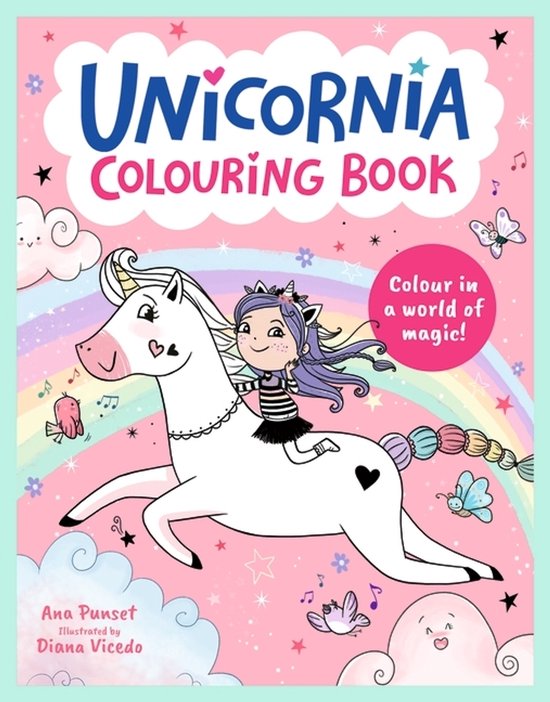 Unicornia Kleurboek met een meisje op een witte eenhoorn, vlinders, vogels en sterren. Tekst: Unicornia Colouring Book.