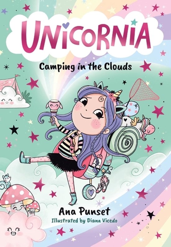 Boekomslag van Unicornia: Camping in de Wolken, met een meisje met paars haar dat een lolly vasthoudt en een vlindernet.