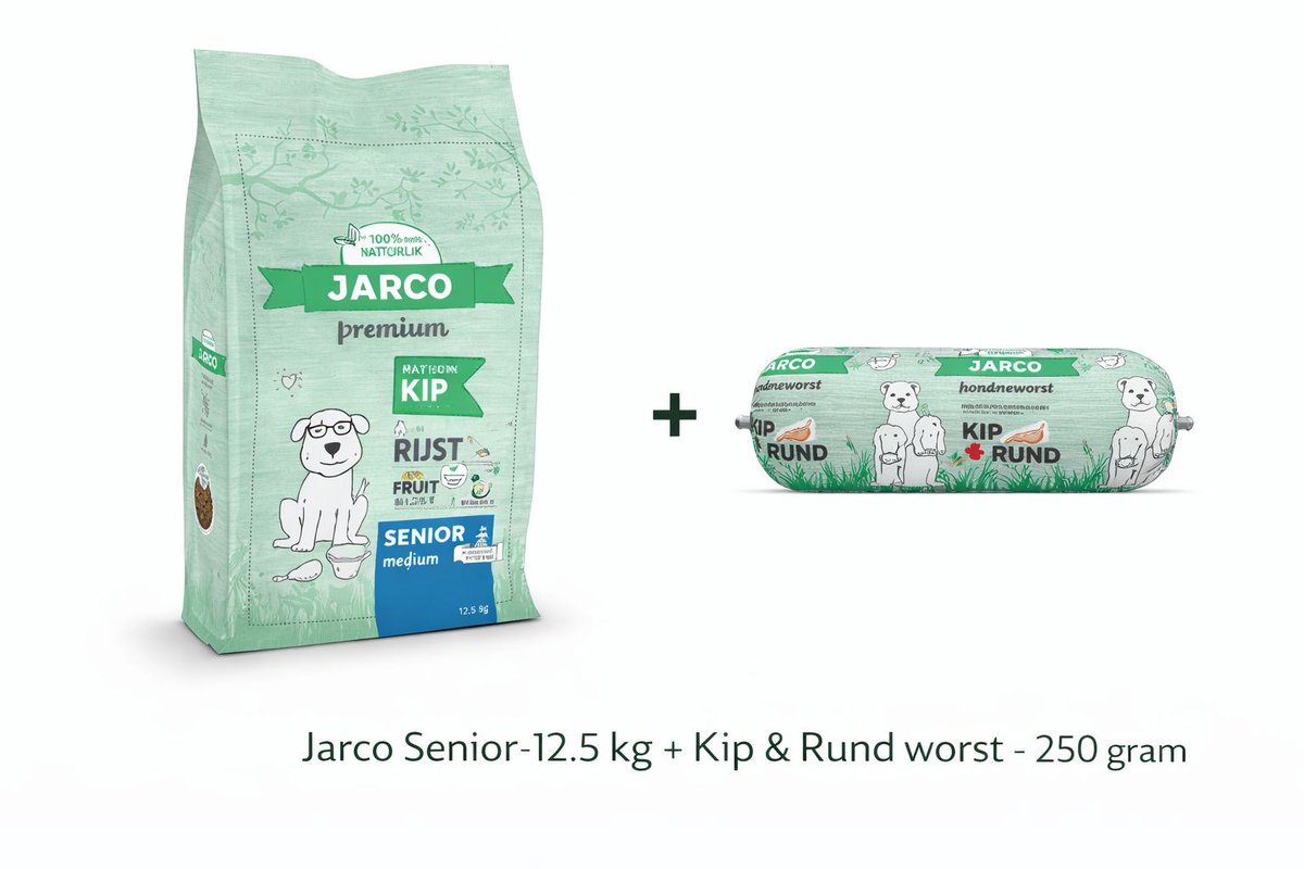 Jarco Jarco Dog Natural Medium Senior Kip - Hondenvoer - 12.5 kg 11-25 Kg + Kip & Rund worst 250 gram