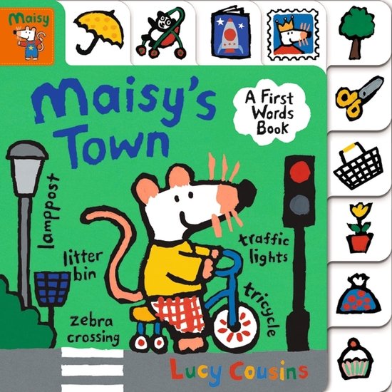 Maisy de muis op een driewieler in Maisy's Stad, een prentenboek van Lucy Cousins.