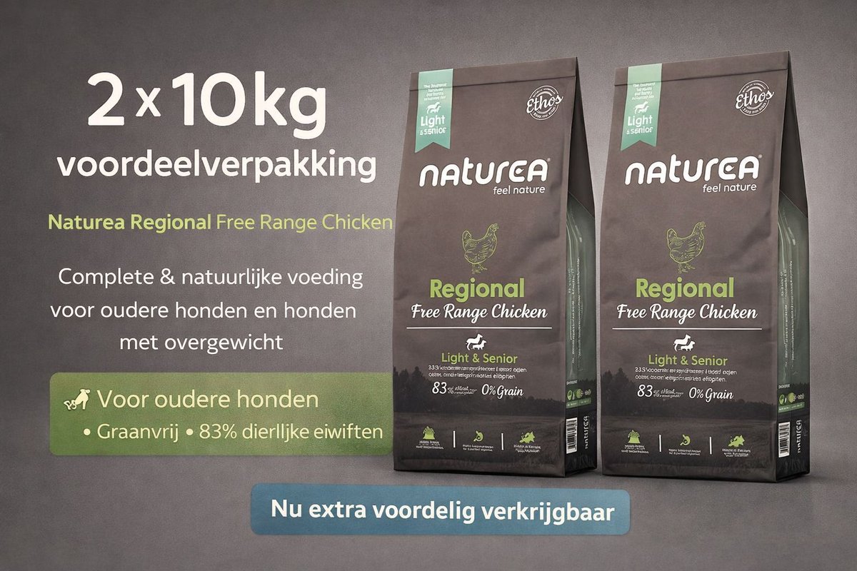 Naturea Naturea Grainfree Dog Ethos Regional Free Range Chicken Light & Senior 2x 10 kg Voordeelverpakking - Hond