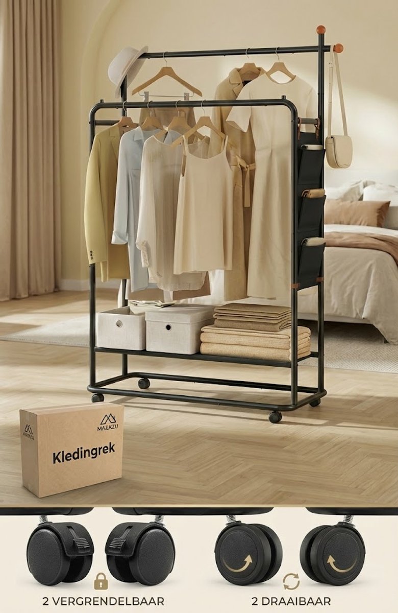 MAZAZU Dubbel Kledingrek op Wielen - Zwart Metaal - Garderoberek met Schoenenrek & Hangorganizer (3 Vakken) - 189 cm Hoog - Belastbaar tot 76 kg - Kapstok – foto 8