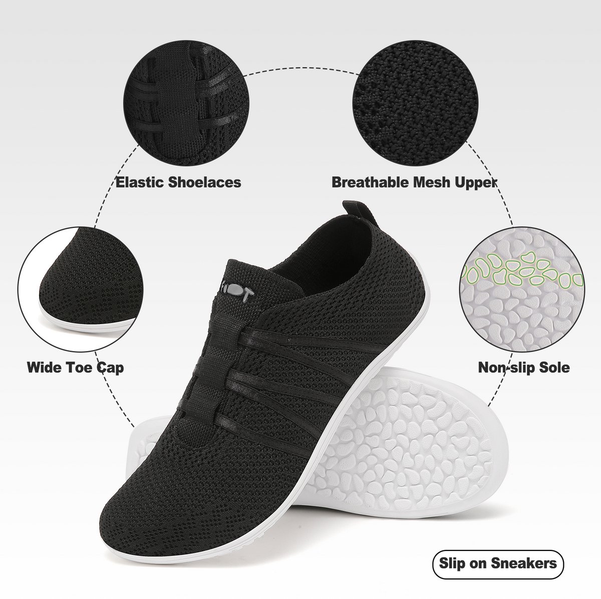 Geweo Barefoot Schoenen - Instappers - Gymschoenen Zaalschoenen - Sportschoenen Sneaker - Ademend Knit Mesh - Platte Zool - Zwart - Maat 37