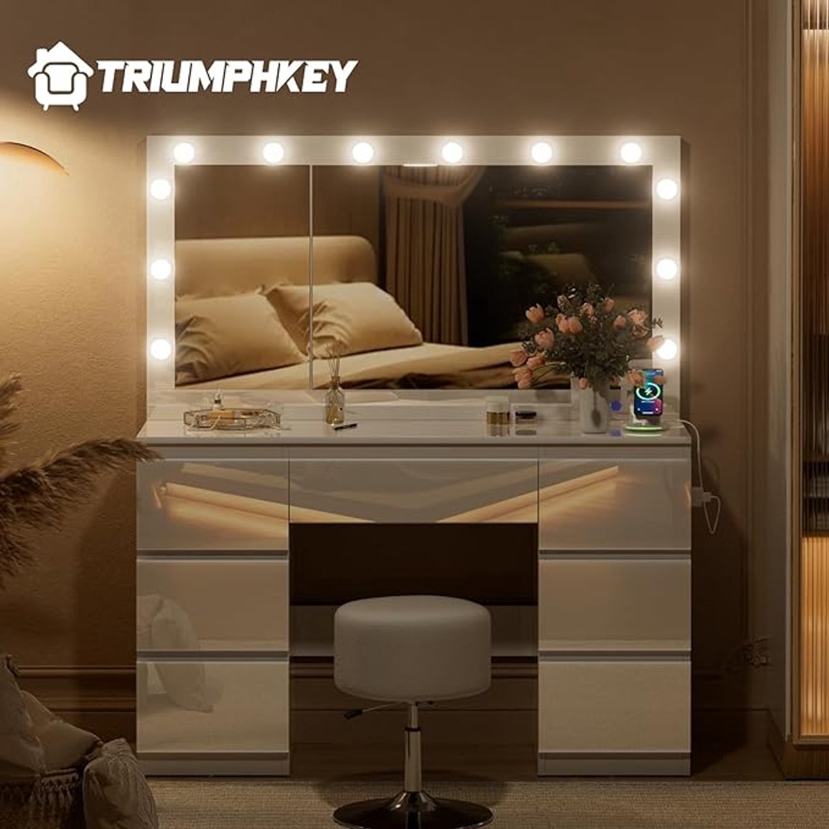 Make-uptafel met LED-verlichting 120 x 40 x 149 cm – Hoogglans Witte Kaptafel met 7 Laden, Stopcontact, USB & Type-C, Grote Spiegel en Verborgen Sieradenkast – Pauwhome