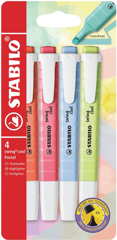 STABILO swing cool - Markeerstift - Perfect Voor Onderweg - Etui Met 4 Kleuren