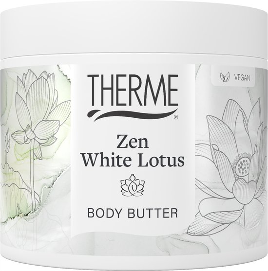 Therme Zen White Lotus body butter pot met witte lotus bloemen en 'Vegan' logo.