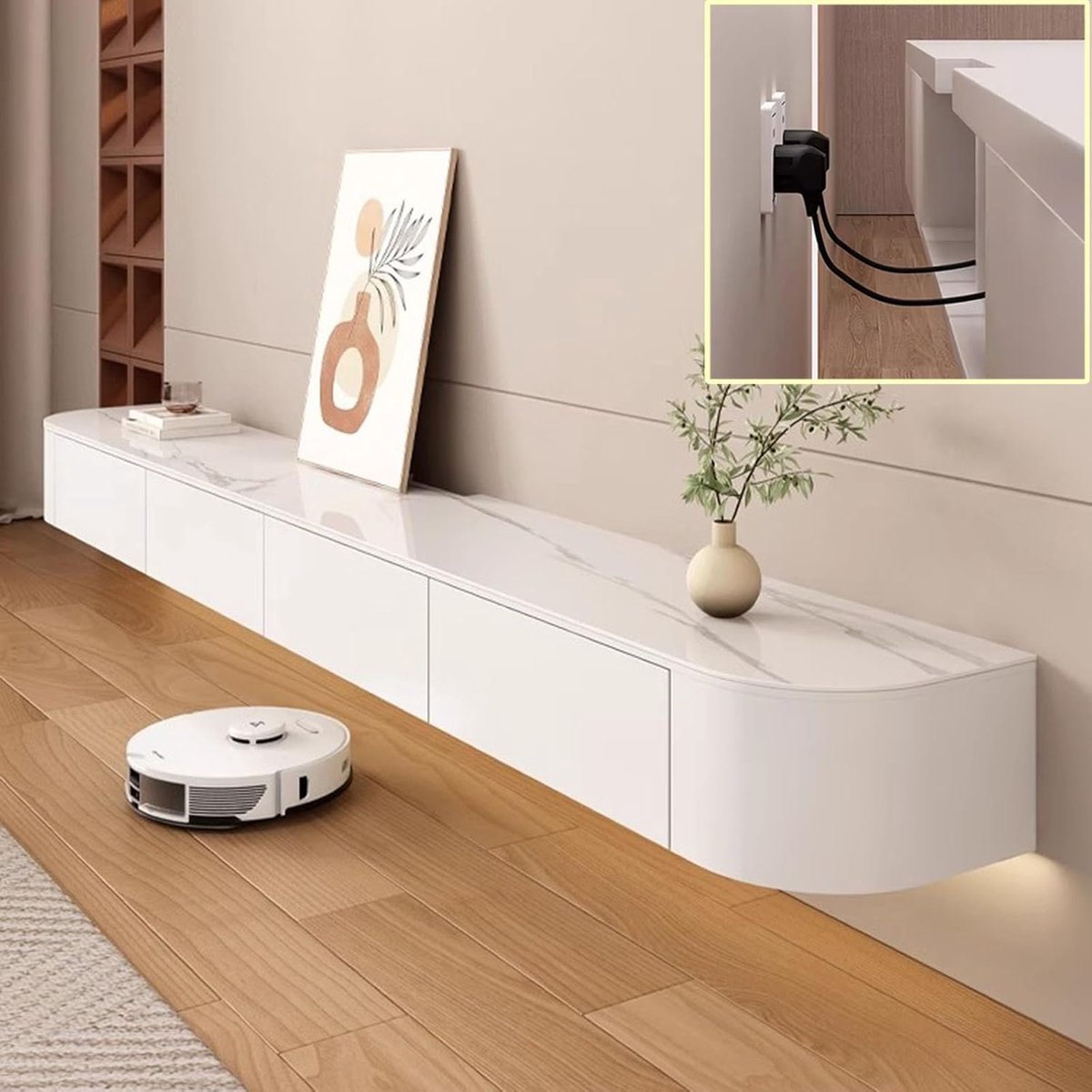 TV-meubel Hangend met Laden en Routerhouder 140 x 20 x 24 cm – Minimalistische Witte Tv-kast voor Woonkamer, Pauwhome
