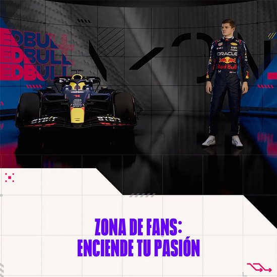 Formule 1-auto van Red Bull en coureur Max Verstappen in tenue, met Spaanse tekst "ZONA DE FANS: ENCIENDE TU PASIÓN".