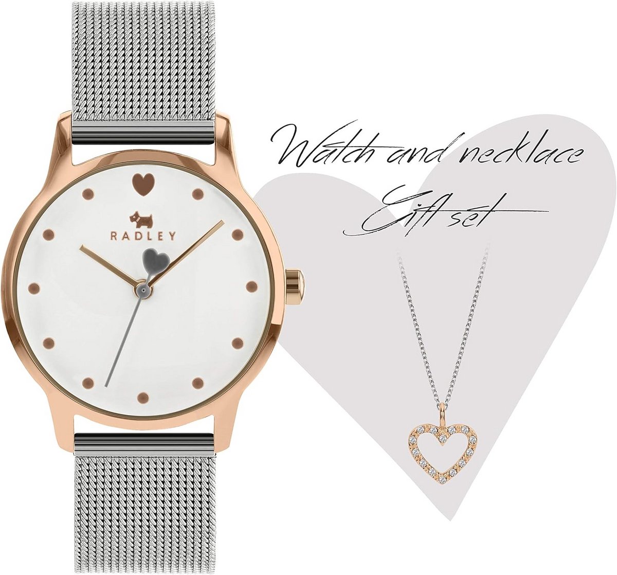 Dames Horloge Zilver RVS Mesh Band Hart Wijzerplaat Contrast Wijzers Inclusief Hart Ketting