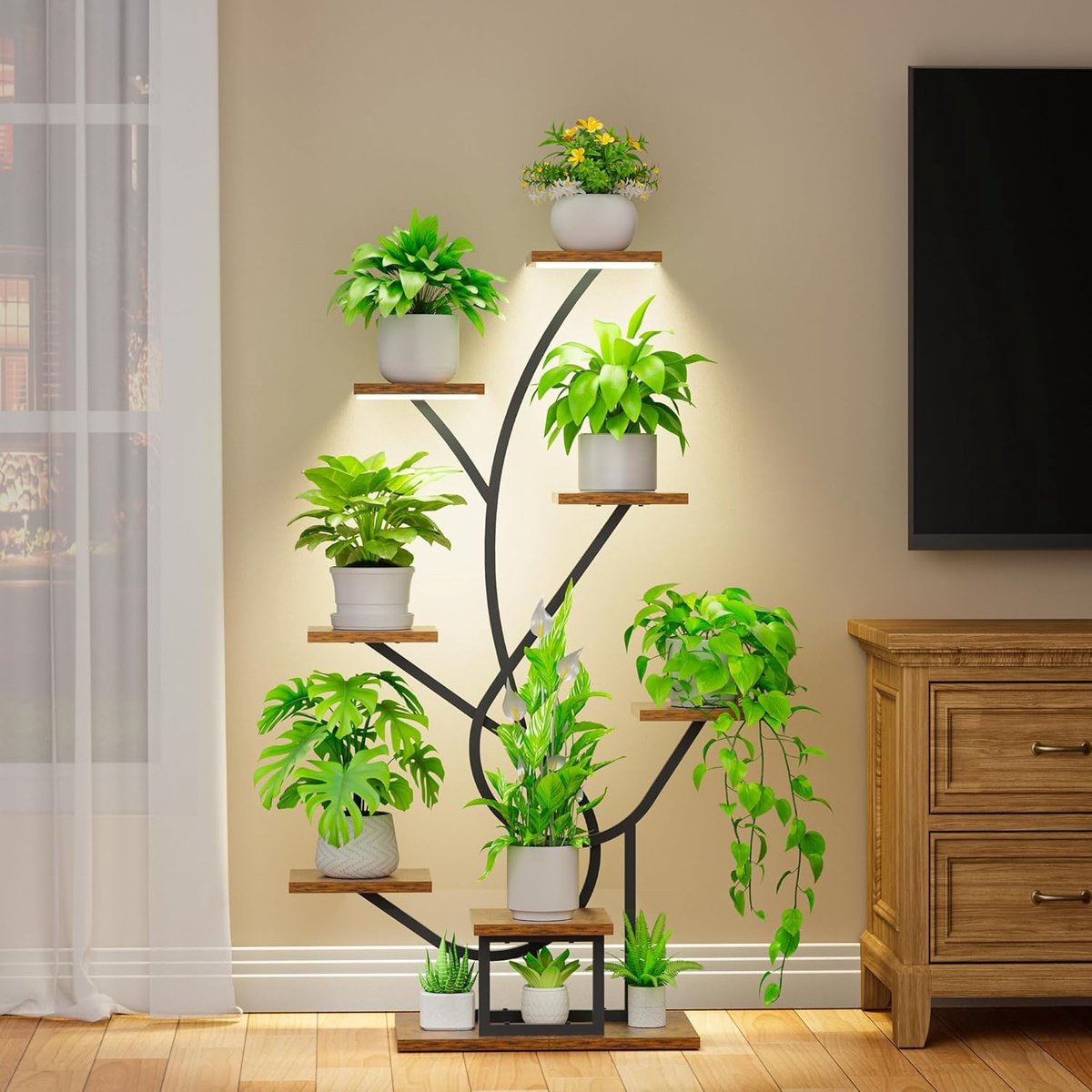 Plantenstandaard met groeilicht - 8 niveaus bloemenstandaard 124 cm, metaal houten plantenrek - voor binnen en buiten, bloementrap - decoratief zwart bloemenrek voor binnentuin, balkon