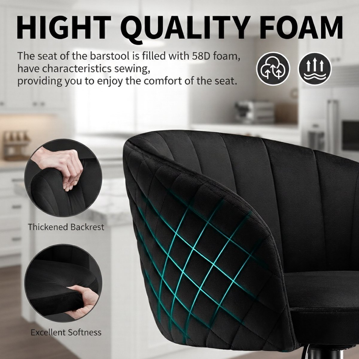 Barkruk Set van 2 – House&Garden Luxe 360° Draaibare Verstelbare Barstoelen met Rugleuning en Armleuning – Zwart Melkfluweel, Metalen Frame, Voetsteun – Comfortabele Barkrukken voor Keuken, Eetkamer, Café en Bistro