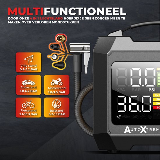 AutoXtreme Mini Compressor Bandenpomp – Air-300 – Luchtcompressor & Elektrische Fietspomp met Drukmeter – Voor Auto, Fiets, Motor & Ballen