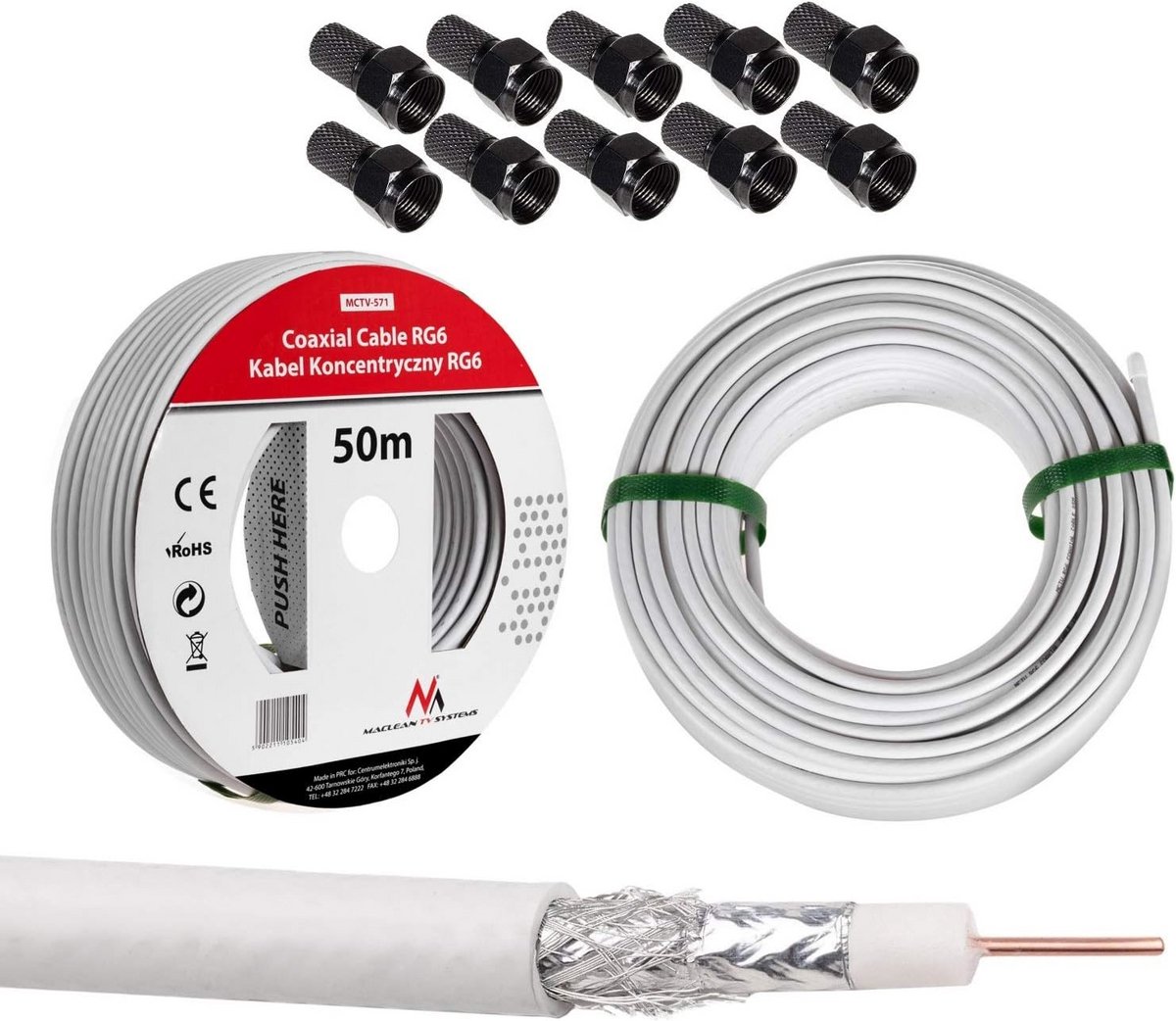 Coaxiale Satelliet Kabel RG6 50m met 10x F-Connector voor Satelliet & DVB-T Ontvangst
