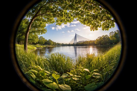Een met groen gebladerte omkaderd beeld van een rivier met een moderne brug in de verte tijdens zonsondergang.