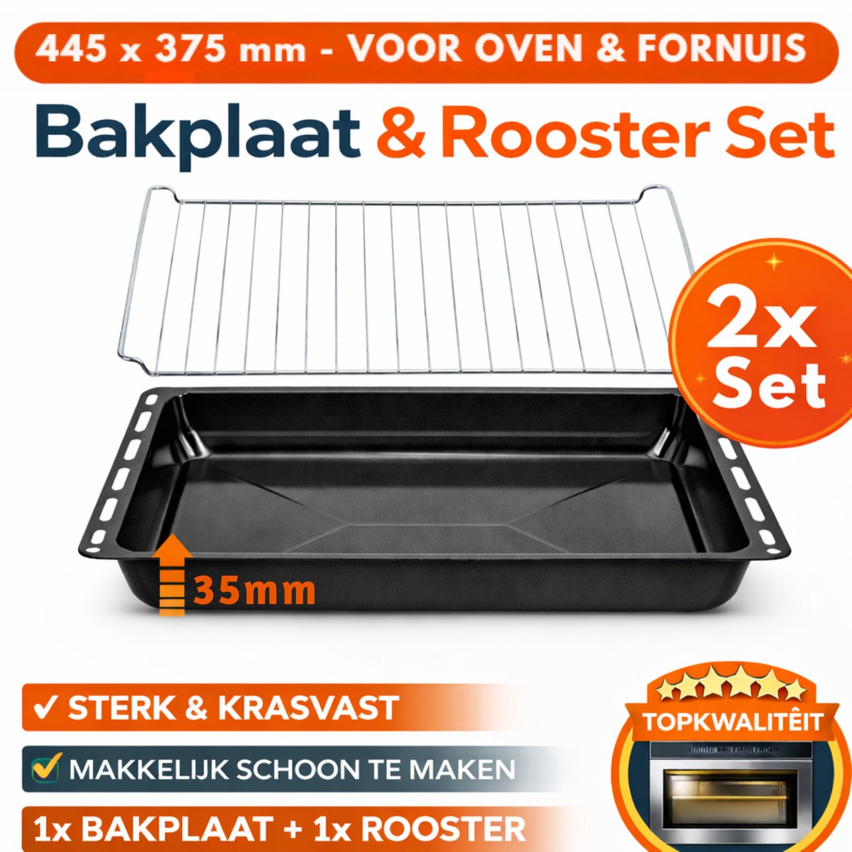 ICQN Diepe Bakplaat en Rooster Set voor Oven - 445x375x35 mm