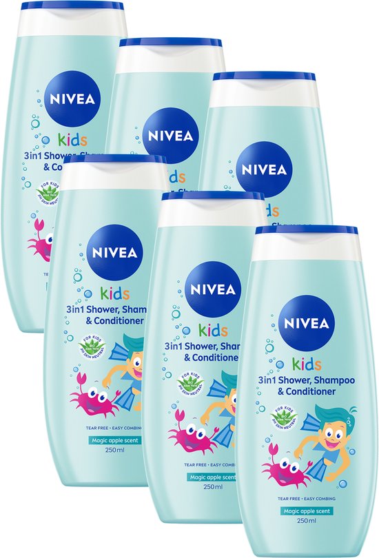 NIVEA Kids 3in1 Douche, Shampoo & Conditioner Magic apple scent - Milde en Zachte Formule - Voordeelverpakking - 6x 250ml
