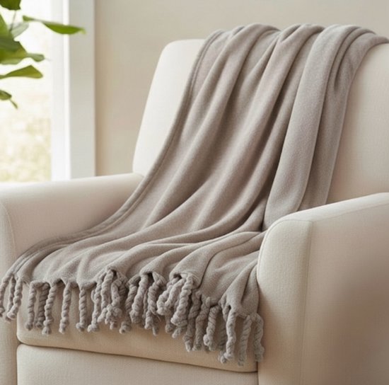 Unique Living - Fleece Plaid Met Franjes - 130x160 - Chateau Grey