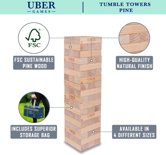 Houten stapeltoren met 'UBER GAMES' logo's. Informatie over FSC-hout, natuurlijke afwerking en draagtas.