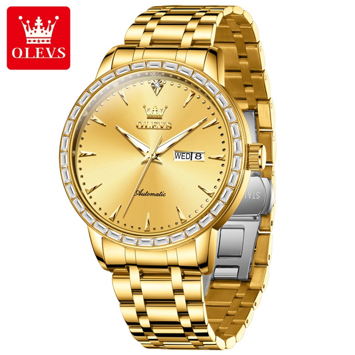 HO-7019.g : Olevs goudkleurig tourbillon-mechanisch edelstaal heren horloge, goudkl wijzerplaat, luminiscerend, dagnaam, kalenderdag, zirkonia