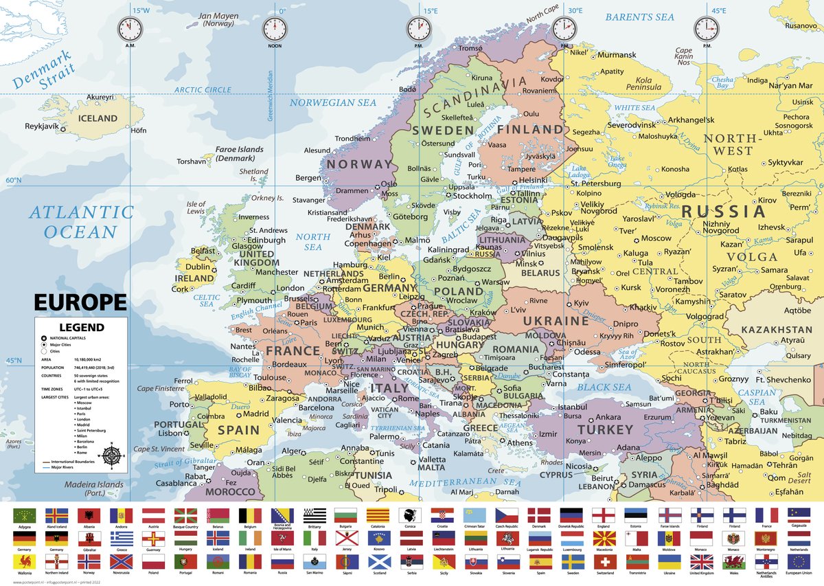 Europakaart poster - Landen - vlaggen - 50 x 70 cm.