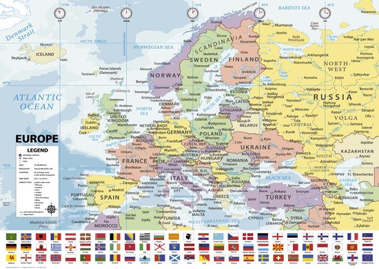 Poster van Europa met landen, hoofdsteden en vlaggen.