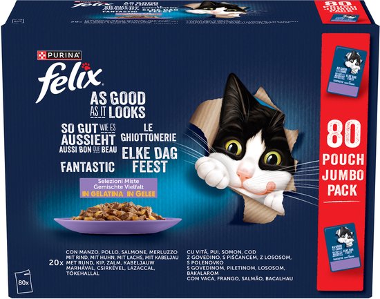 Felix Elke Dag Feest mixed Selectie - Kattenvoer Natvoer - Kabeljouw, Zalm, Rund & Kip - 80 x 85 g