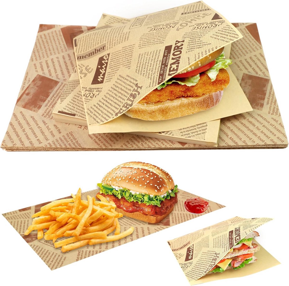 100 Vellen Bakpapier in Krantenprint voor Friet, Burgers en Snacks