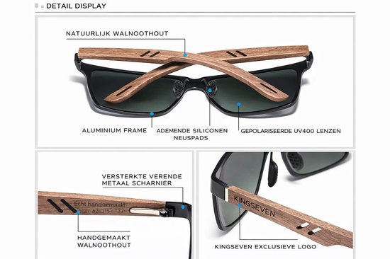 KingSeven - Nuez - Rechthoekige zonnebril van aluminium en walnoothout - Met gepolariseerde UV400 glazen - Z134 van Kingseven — afbeelding 3