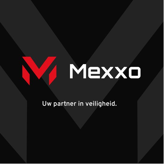 Mexxo logo met tekst 'Uw partner in veiligheid.' op een donkergrijs gestreept patroon.