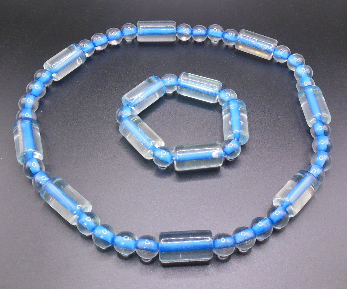 Ketting+Armband kralen transparant-blauw