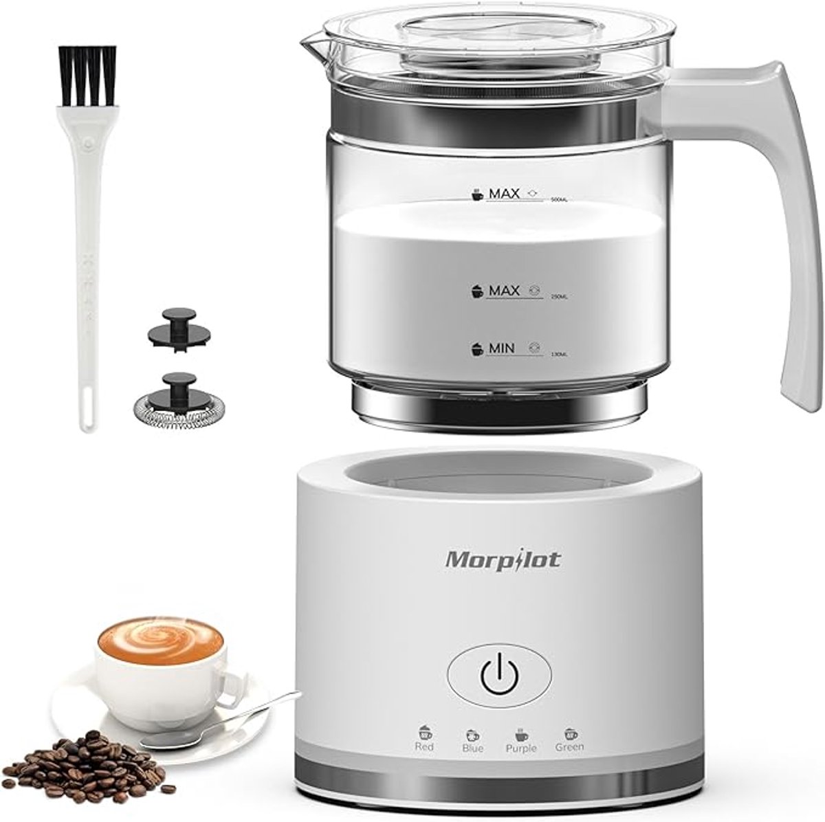 Elektrische Melkopschuimer 4-in-1 – Warm & Koud Melkschuim – 500 ml – Glazen Melkopschuimer Vaatwasmachinebestendig – Wit