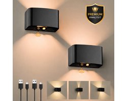 LUQXE - Wandlamp Zwart Set van 2 – Draadloos Oplaadbaar met Bewegingssensor – USB-C – Wandverlichting Binnen – Met Schakelaar – Inclusief Montage & Plakstrips - Oplaadbare Wandlampen - Handig bij Stroomstoring - Hulpmiddel bij Stroomuitval.