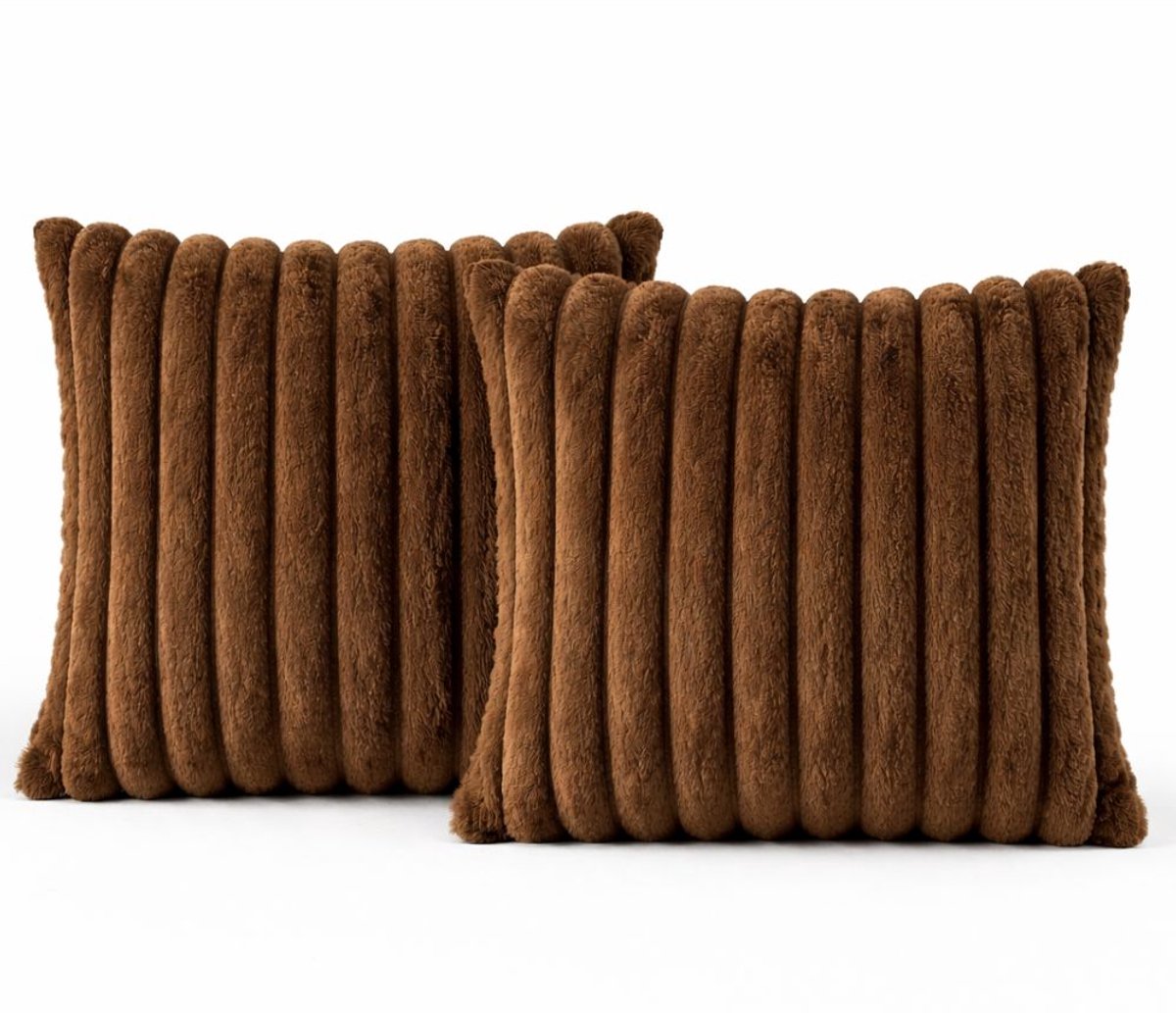 Sierkussen 45x45 cm Bruin, set van 2 | Incl. binnenkussens | Vierkante kussens met luxe, zachte, dubbelzijdige ribstof