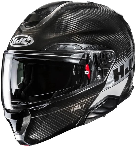 HJC RPHA 91 Carbon helm met doorzichtig vizier en koolstofvezelpatroon.